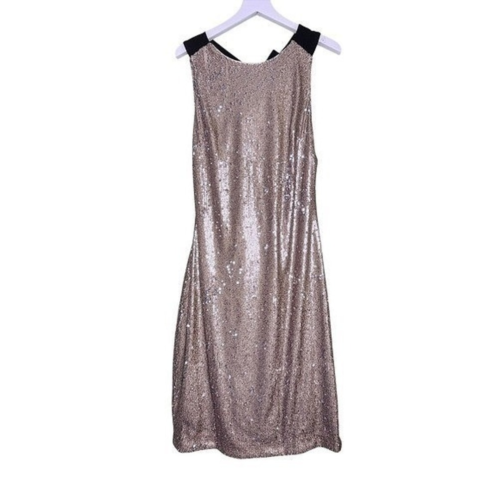 Belle Badgley Mischka Gold Sequin Dress Open Backโ Black Bow Cocktail Party4